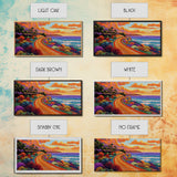 Coastal Train, Sunset, Framed Canvas Print, Vibrant coastal sunset railway painting, Colorful beachscape boho art, Hallway Wall Art