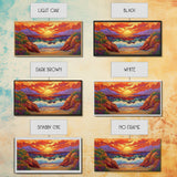 Sunset Waves, Rocks, Framed Canvas Print, Vibrant ocean sunset, crashing waves cliffs painting, Coastal Decor, Beach House Wall Art