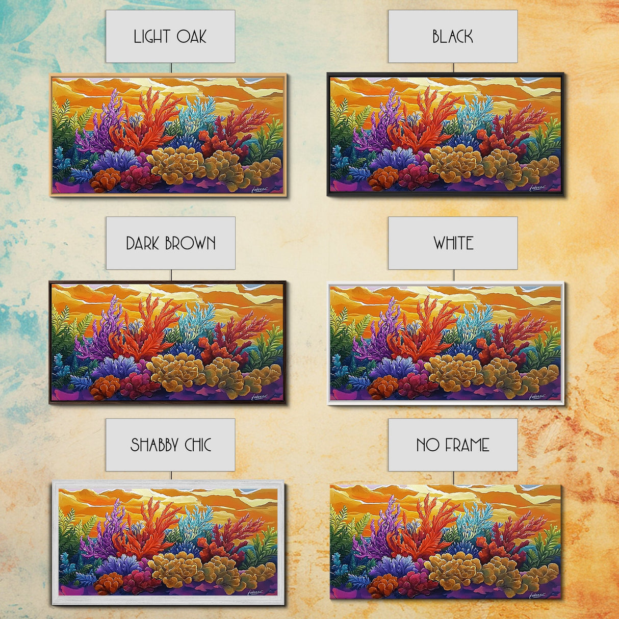 Reef Sunset, Underwater, Framed Canvas Print, Vibrant coral reef with tropical plants, sunset sky, Beachy decor, Bathroom Wall Art