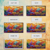 Reef Sunset, Underwater, Framed Canvas Print, Vibrant coral reef with tropical plants, sunset sky, Beachy decor, Bathroom Wall Art