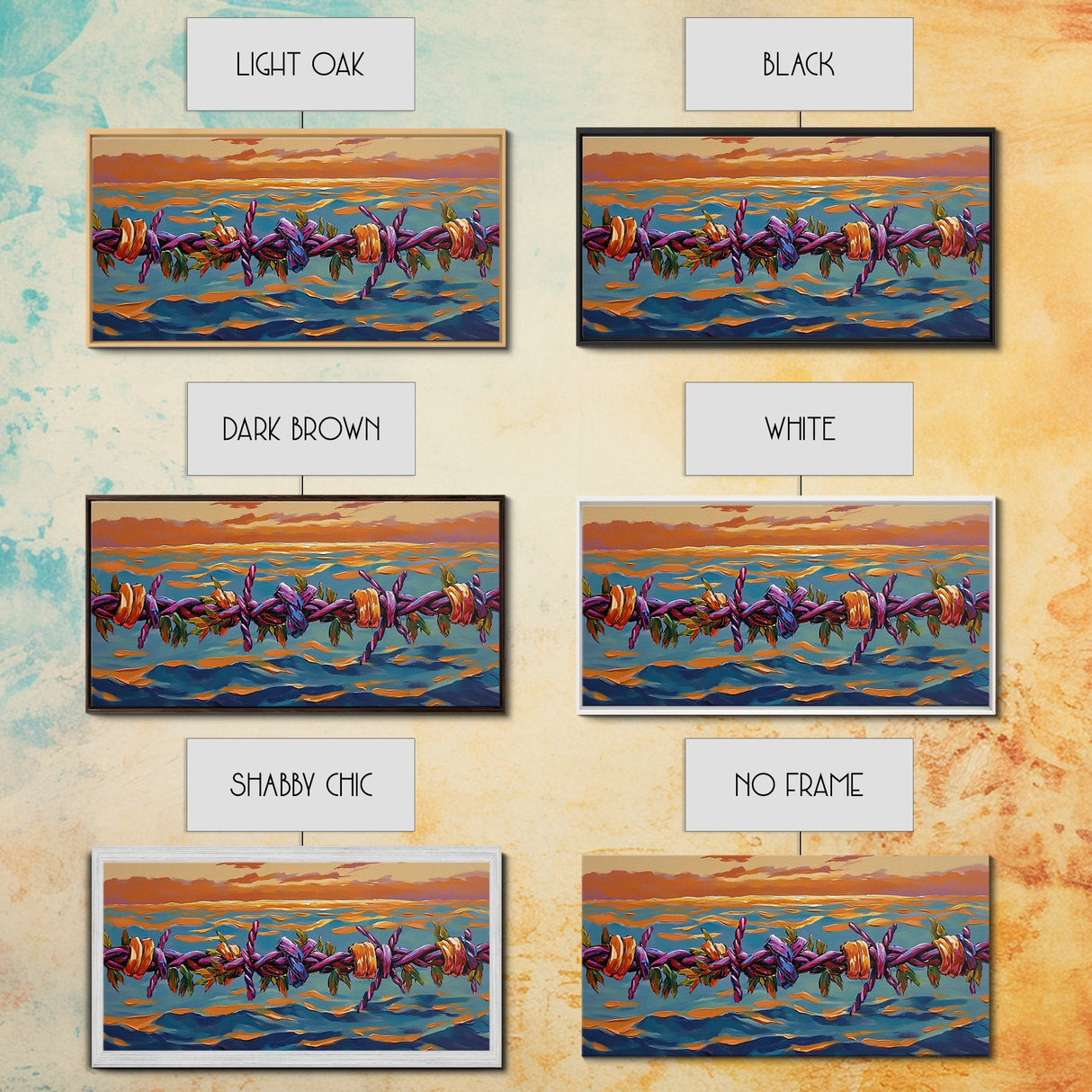 Barbed Sunset, Ocean, Framed Canvas Print, Symbolic Ocean Barbed Wire Art, Modern Sunset Expressionist Decor, Unique Office Wall Art