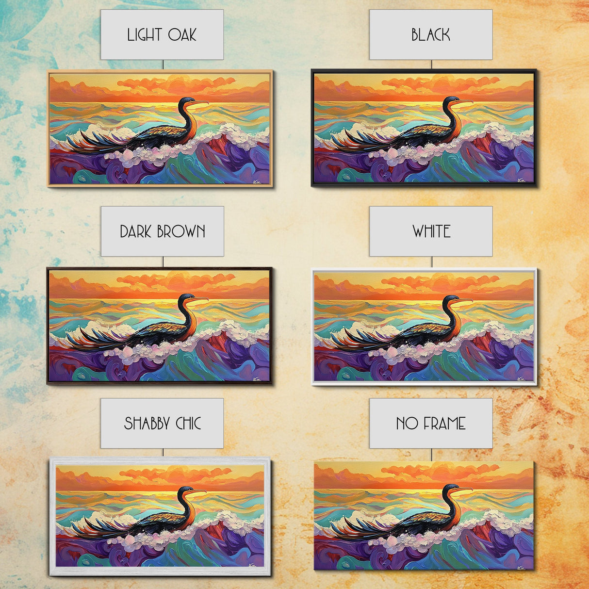 Ocean Bird, Sunset, Framed Canvas Print, Vibrant seabird in waves sunset seascape painting, Colorful Coastal Decor, Bathroom Wall Art