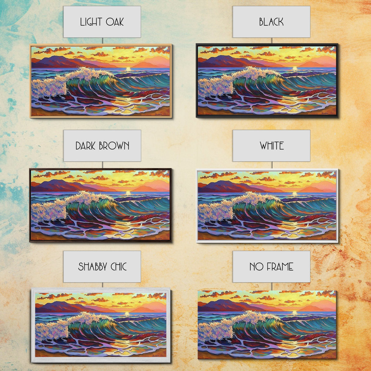 Waves Surf, Sunset, Framed Canvas Print, Colorful crashing wave with glowing sunset sky, Coastal Surfer Decor, Beach House Wall Art