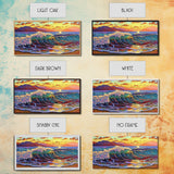 Waves Surf, Sunset, Framed Canvas Print, Colorful crashing wave with glowing sunset sky, Coastal Surfer Decor, Beach House Wall Art