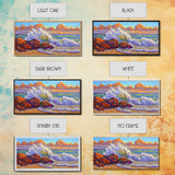 Rocks Waves, Sky, Framed Canvas Print, Majestic ocean wave crashing on rocks under golden clouds, Tropical Seascape, Coastal Living Room