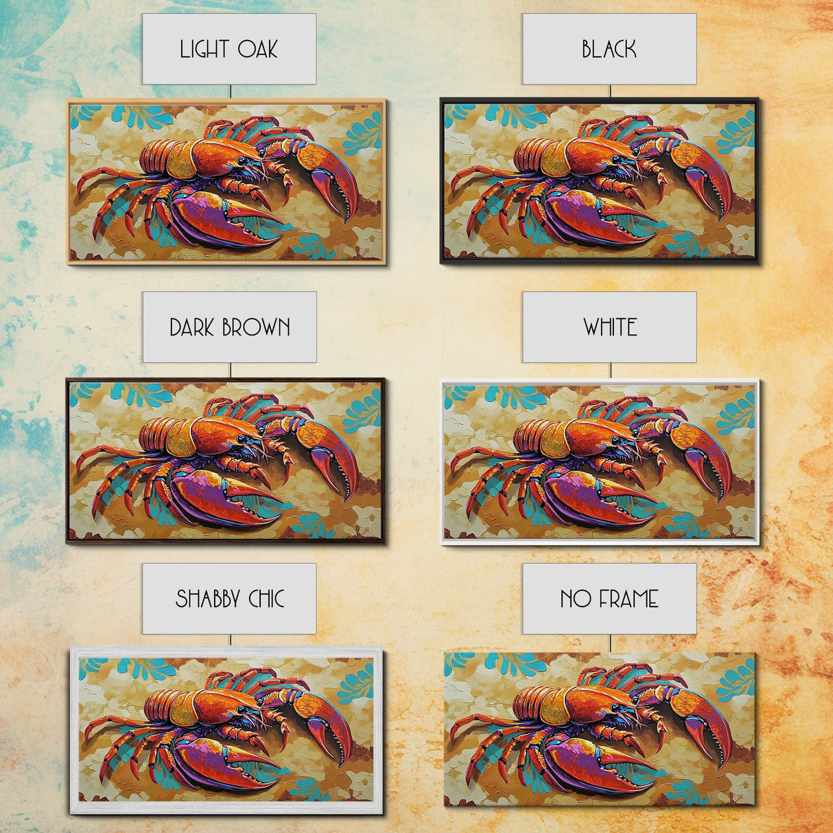 Lobster Coastal, Bold, Framed Canvas Print, Vibrant abstract lobster on sandy background, Nautical Kitchen Decor, Bold Coastal Wall Art
