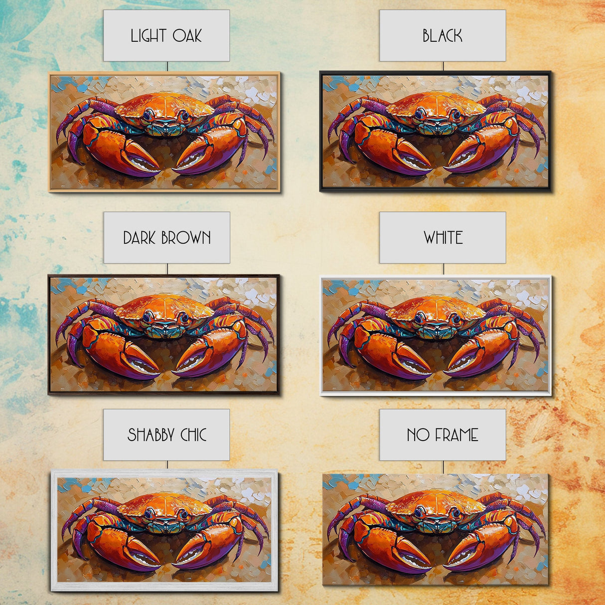 Crab Colorful, Beach, Framed Canvas Print, Brightly painted crab on sand, Ocean Kitchen Decor, Playful Beach Art, Coastal Wall Art