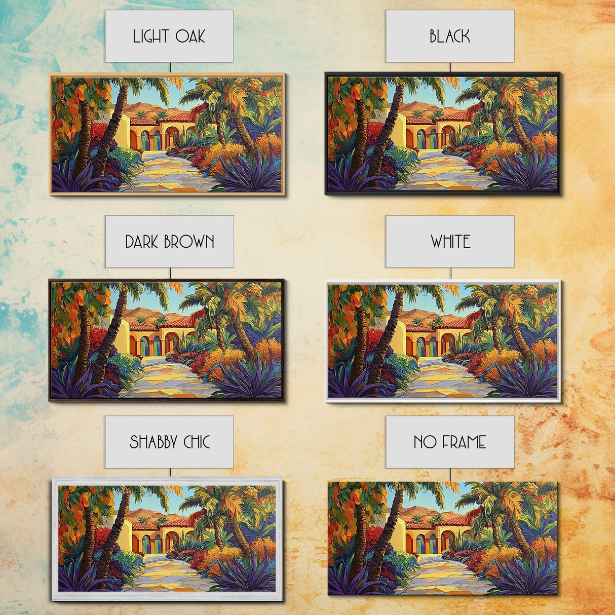 Villa Garden, Palms, Path, Framed Canvas Print, tropical courtyard scene, Mediterranean decor, living room wall art, villa painting