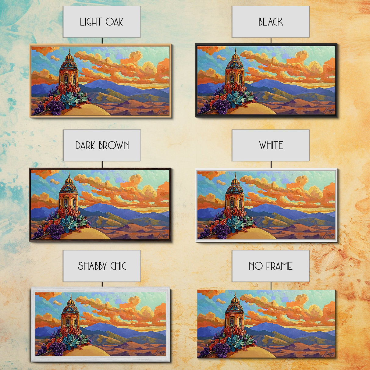 Tower Mountains, Sky, Clouds, Canvas Print, whimsical turret landscape, pastel sky art, colorful fantasy decor, study wall art