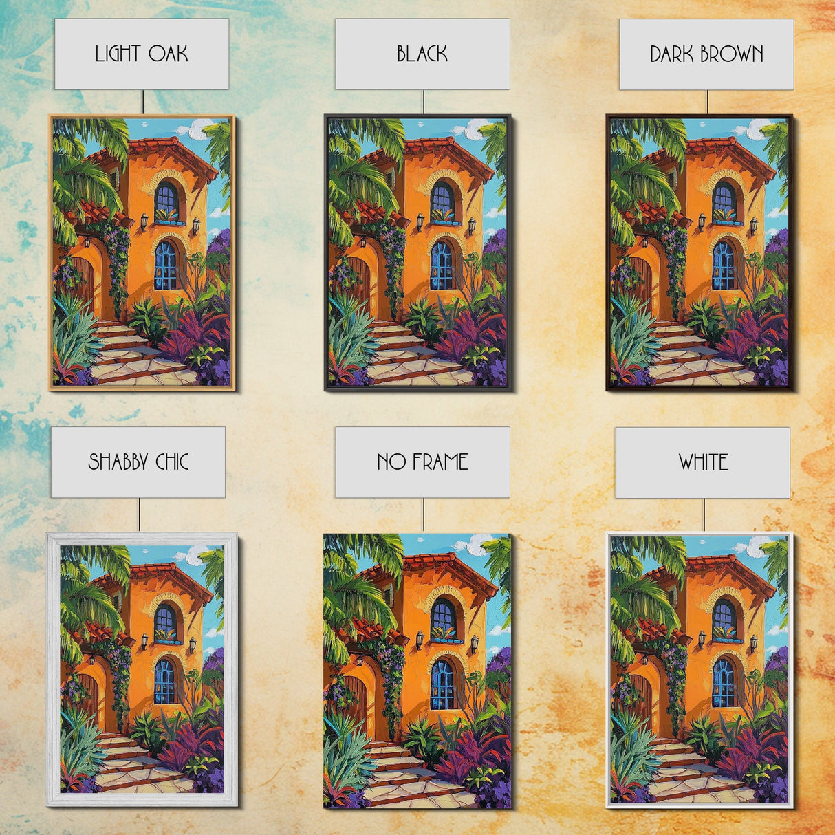 Tropical Villa, Sunset, Vibes, Framed Canvas Print, Mediterranean wall art, boho home decor, warm palette, Kitchen or Living Room