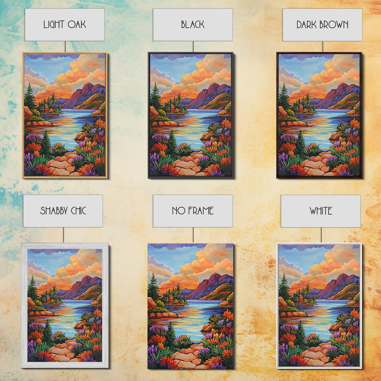 Lake Sunset, Mountains, Cabin, Framed Canvas Print, Serene mountain lake at sunset with cozy cabins, peaceful autumn living room wall art