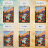 Lake Sunset, Mountains, Cabin, Framed Canvas Print, Serene mountain lake at sunset with cozy cabins, peaceful autumn living room wall art