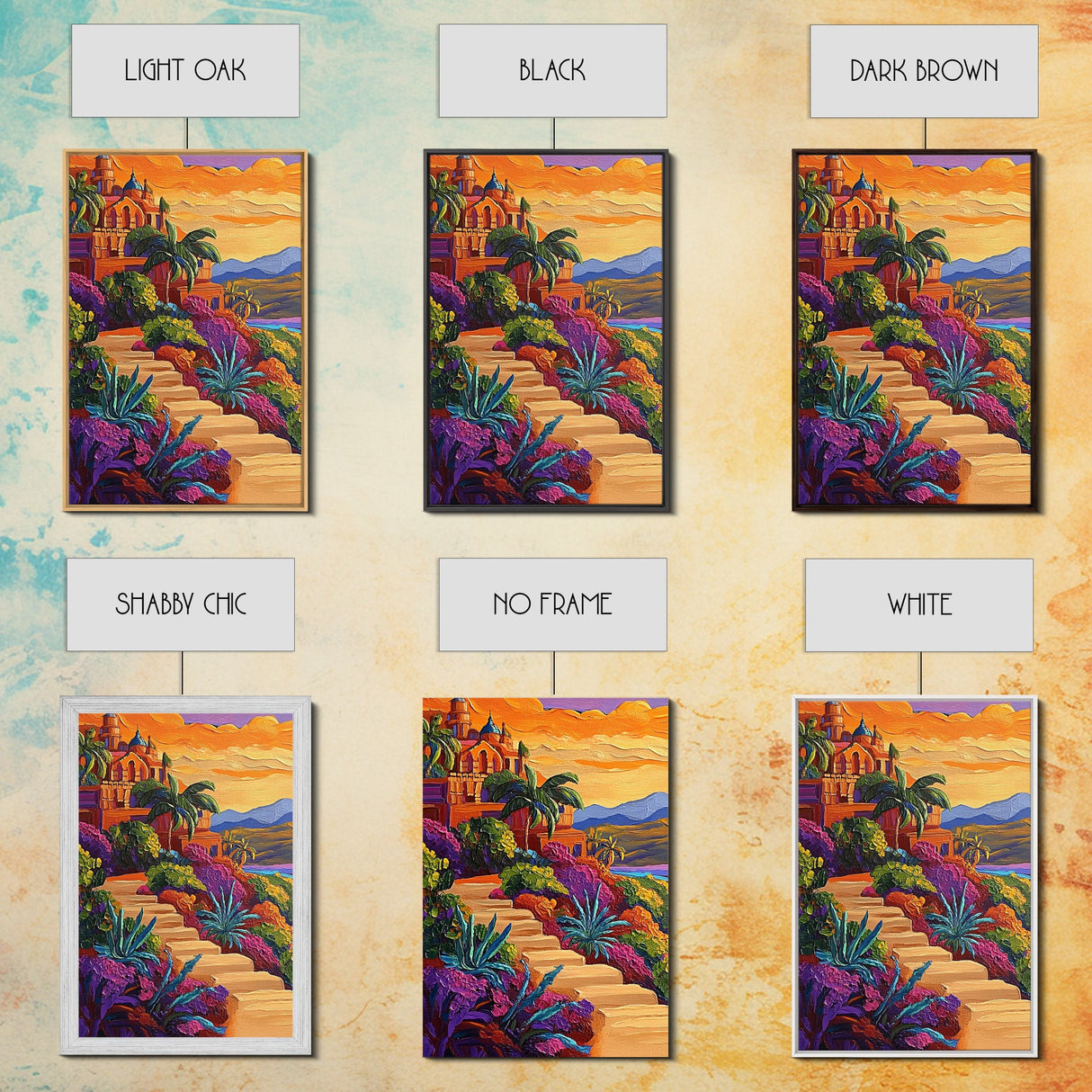Sunset Mexico, Colorful, Travel, Framed Canvas Print vibrant coastal villa painting, colorful sunset art, Mediterranean boho travel vibes