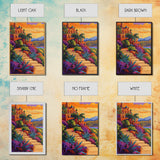 Sunset Mexico, Colorful, Travel, Framed Canvas Print vibrant coastal villa painting, colorful sunset art, Mediterranean boho travel vibes