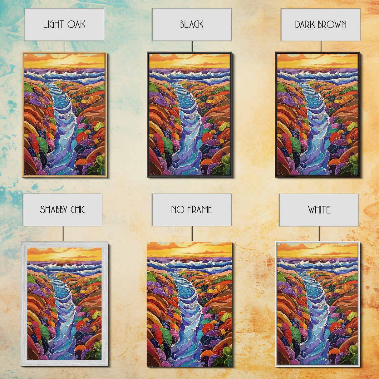 Ocean Tidepool, Rainbow, Shoreline, Canvas Print vivid shoreline tidepool painting, colorful abstract coastal artwork, ocean bathroom wall art