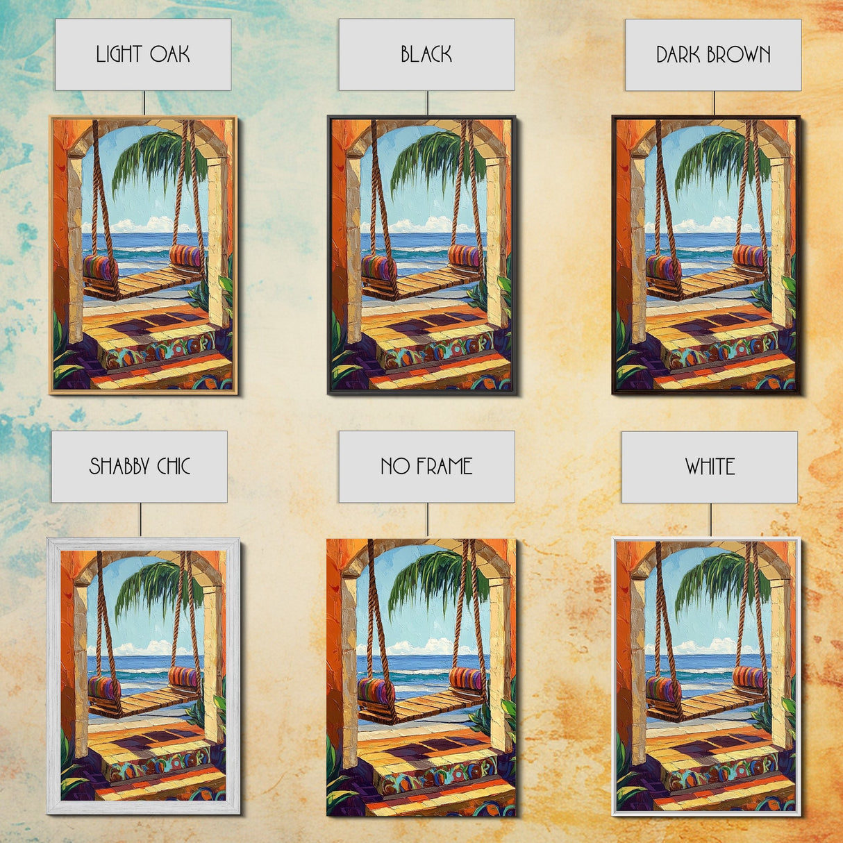 Swing Ocean, Tropical, Archway, Framed Canvas Print, Beach retreat wall art, vibrant tropical decor, Bedroom or Bathroom Wall Art