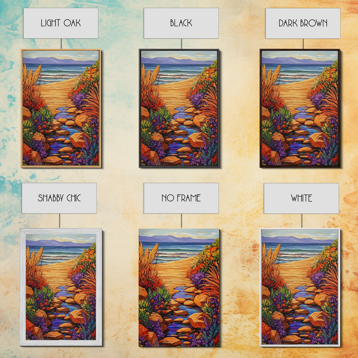 Path Ocean, Flowers, Shoreline, Framed Canvas Print, Bright coastal landscape, colorful wildflower path, Bathroom or Entryway Wall Art