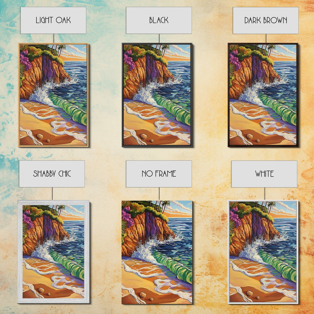 Coastal Sunset, Waves, Color, Canvas Print, Vibrant seascape art, beach house wall décor, boho ocean scene, bathroom wall art