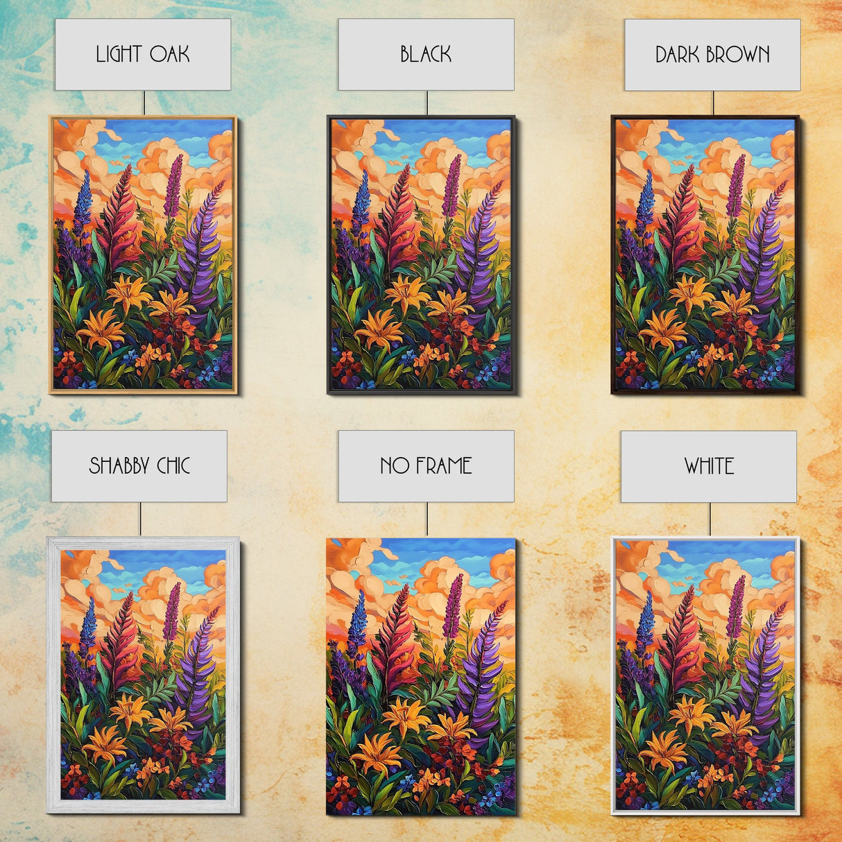 Vibrant Autumn, Blooms, Landscape, Framed Canvas Print, Bright Wildflower Artwork, Living Room Wall Art, Colorful Fall Floral Boho Painting