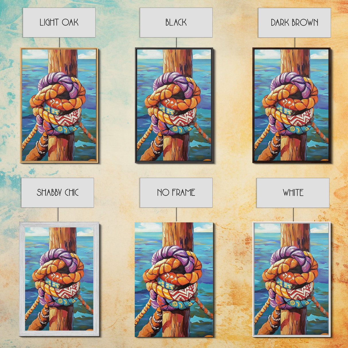 Nautical Knot, Dock, Ocean, Framed Canvas Print, Coastal Wall Art, Beach House Decor, Colorful Seaside Painting, Boat Lover Gift