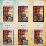 Tropical Sunset, House, Dock, Framed Canvas Print vibrant coastal house wall art, beach wall decor, sunset painting, tropical room decor