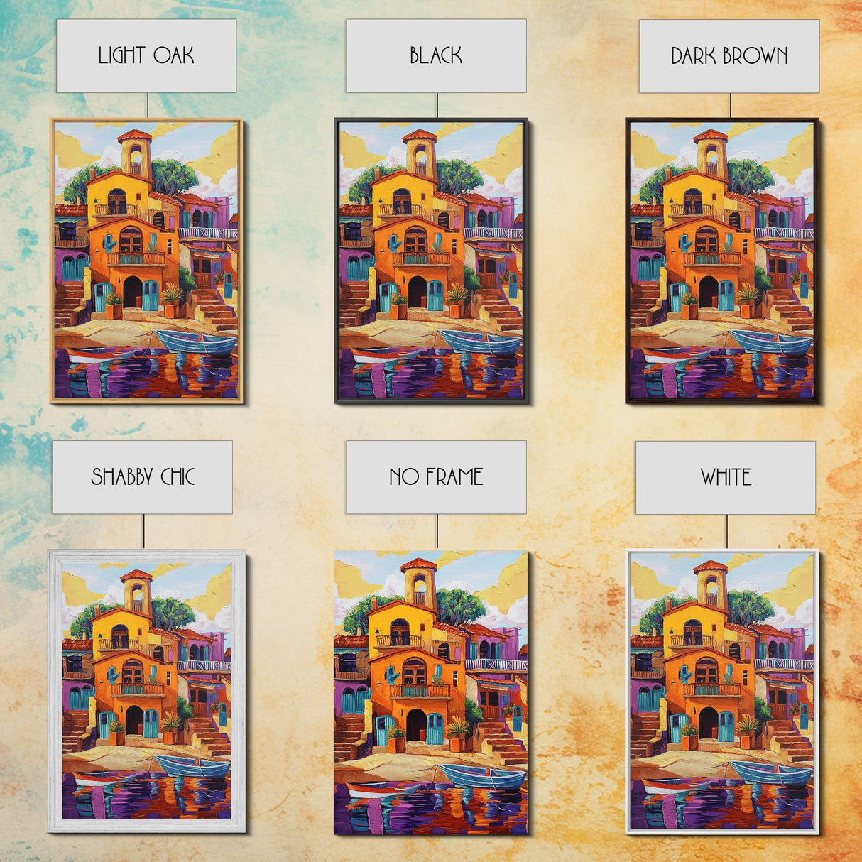 Village Boats, Reflections, Summer, Framed Canvas Print, coastal village wall art, Mediterranean canvas, kitchen decor, nautical rustic home