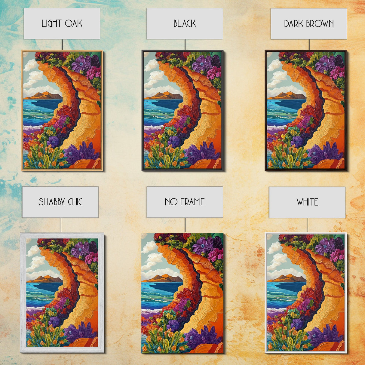 Cliffside Flowers, Ocean, Landscape, Framed Canvas Print floral coastal wall art, textured seaside painting, beach house decor, boho art style