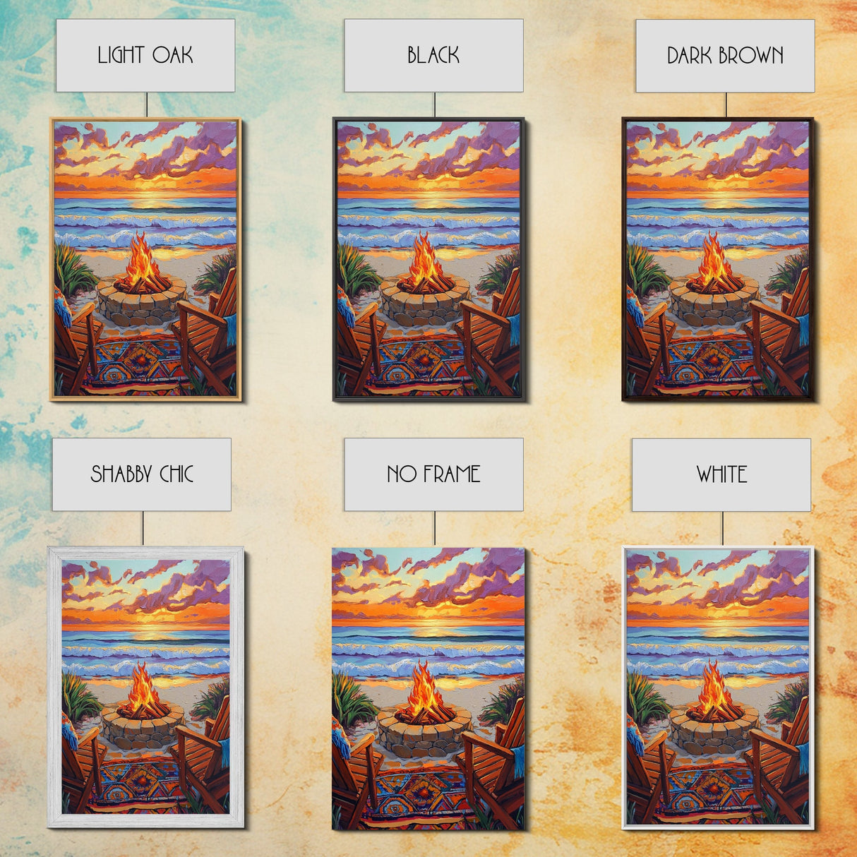 Firepit Sunset, Beach, Chairs, Canvas Print, cozy beach fire art, boho sunset vibes, fall bonfire wall decor, living room or patio