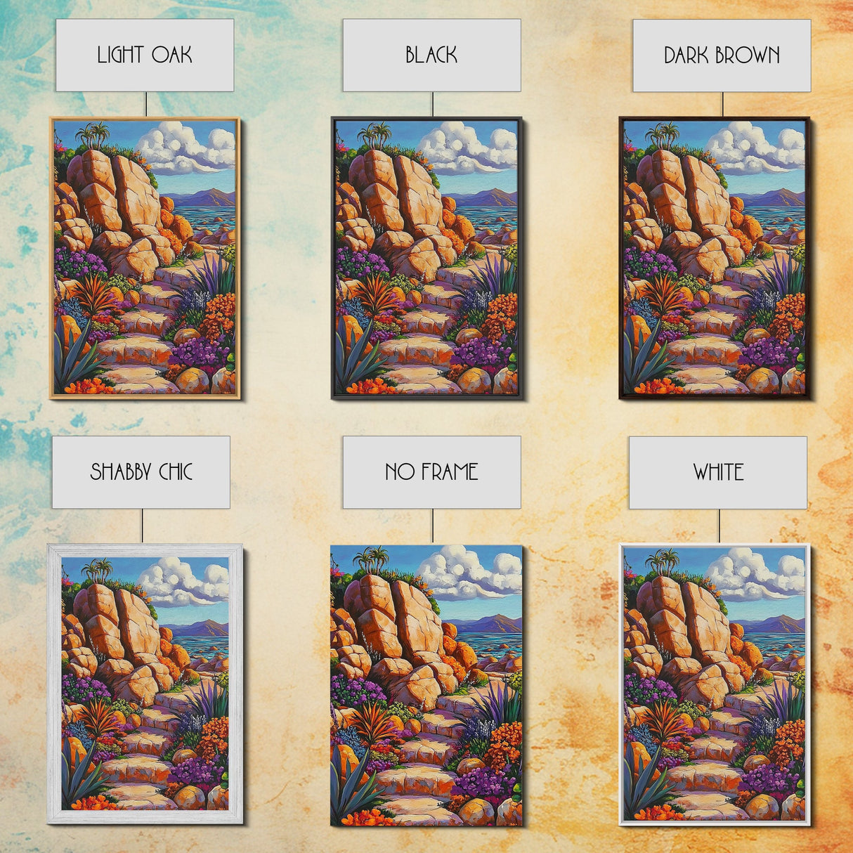 Rocky Pathway, Flowers, Framed Canvas Print, Vibrant Desert Trail Art, Colorful Landscape Wall Decor, Boho Living Room Wall Art
