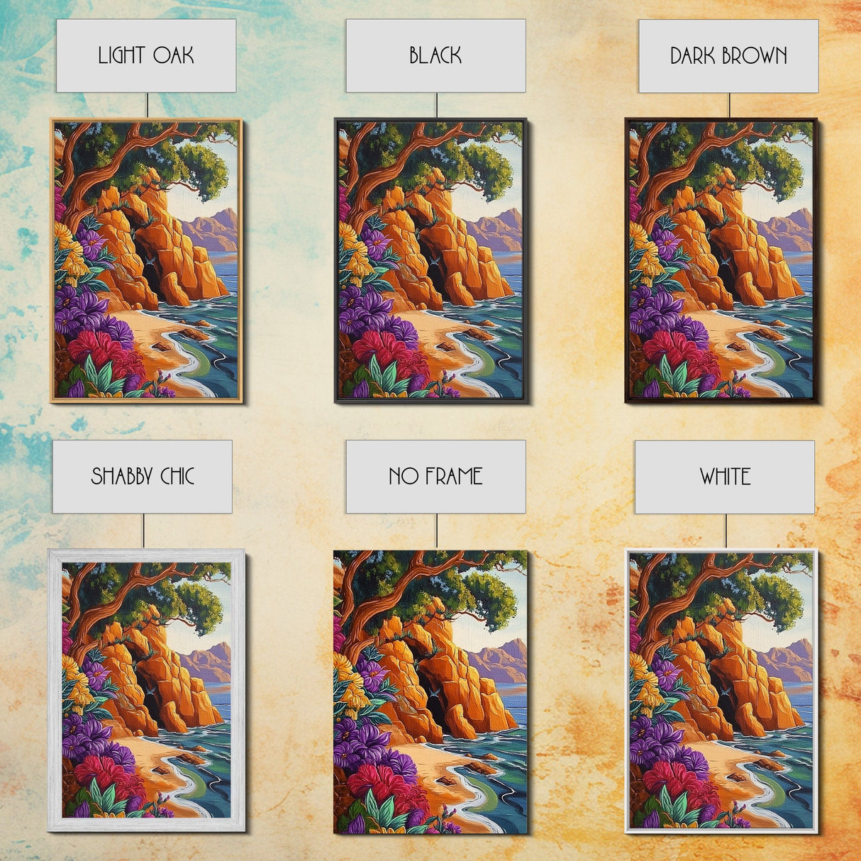 Cave Beach, Flowers, Framed Canvas Print, Coastal Landscape Wall Art, Colorful Boho Nature Decor, Living Room art, Office Wall Art
