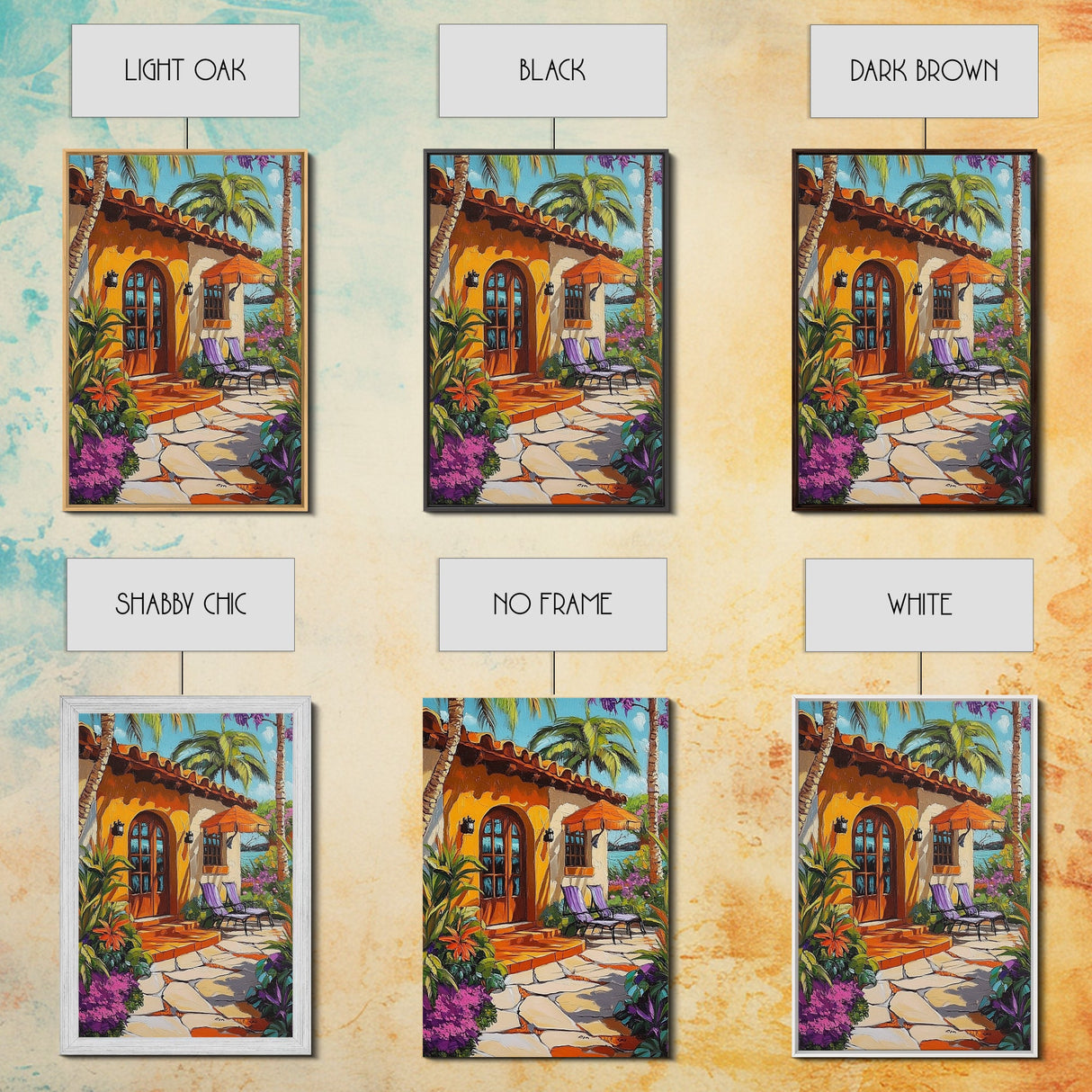 Villa Poolside, Palm, Paradise, Framed Canvas Print, tropical patio wall art, coastal Mediterranean decor, outdoor relaxation art, boho vibe