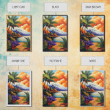Sunset Palms, Ocean, Autumn, Framed Canvas Print coastal tropical wall art, bold sunset palm decor, boho living room art, beach house vibe