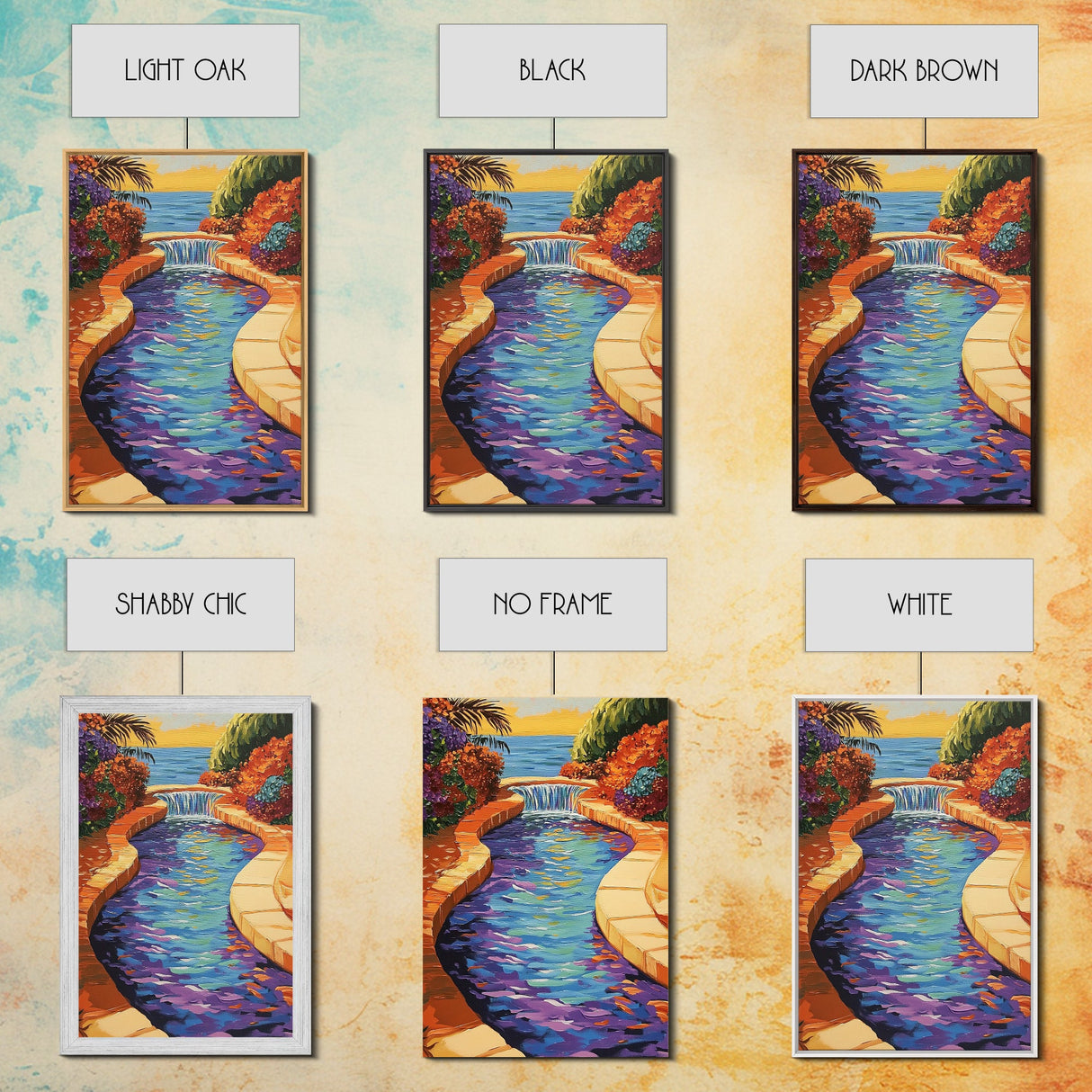 Pool Garden, Oasis, Sunset, Framed Canvas Print vibrant patio wall art, tropical courtyard landscape, kitchen art, sunroom boho decor