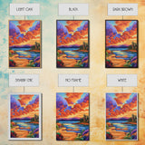 Sunset Lake, Pathway, Dreamy, Framed Canvas Print vibrant sunset lake art, colorful sky and mountain scene, living room art, office boho decor