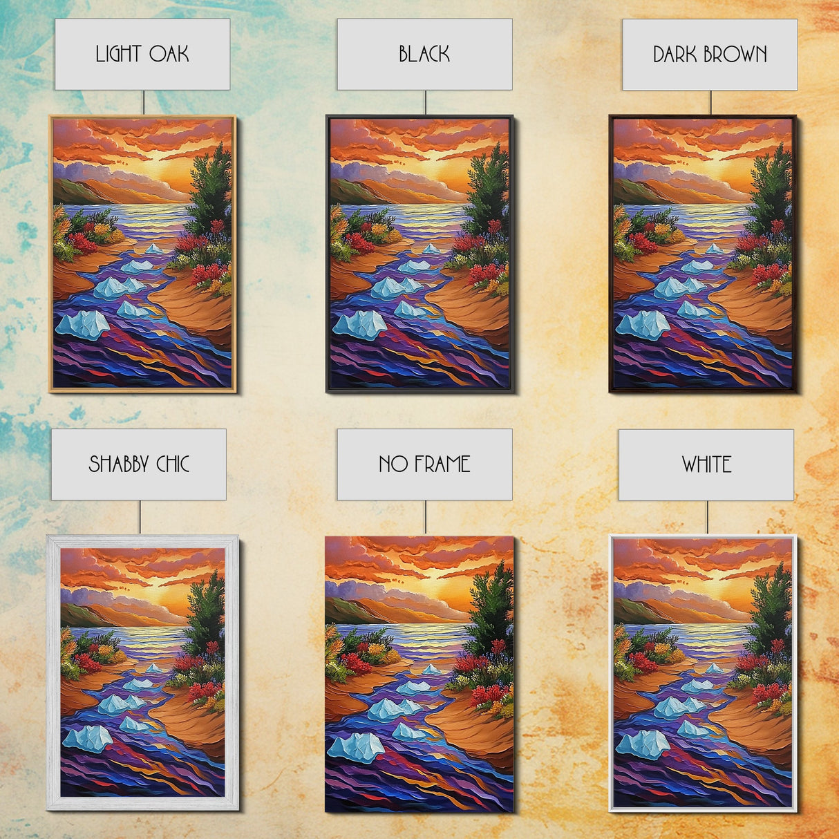 Icebergs River, Sunset, Autumn, Framed Canvas Print colorful autumn iceberg painting, vibrant sunset water flow, fall landscape wall art