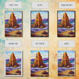 Ocean Cliff, Coastal, Bold Framed Canvas Print, Nature Inspired Bathroom Wall Art, Seaside Landscape Decor, Vibrant Rocky Shoreline
