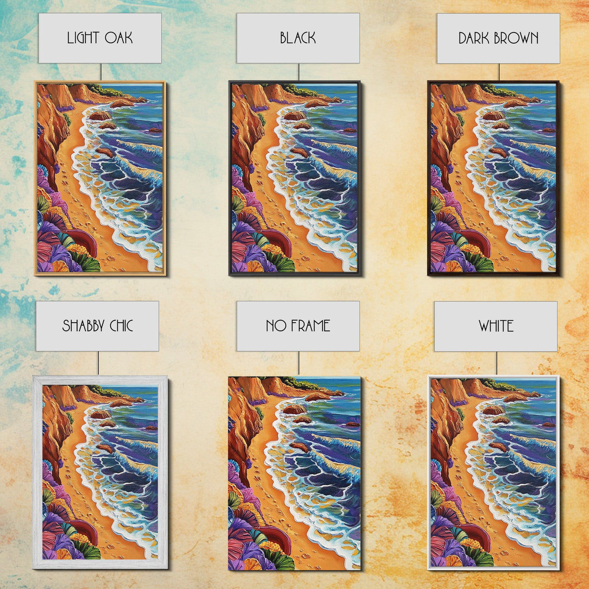 Cliff Shoreline, Ocean, Flowers, Framed Canvas Print, coastal boho art, colorful seascape, beach lover gift, bathroom or hallway art