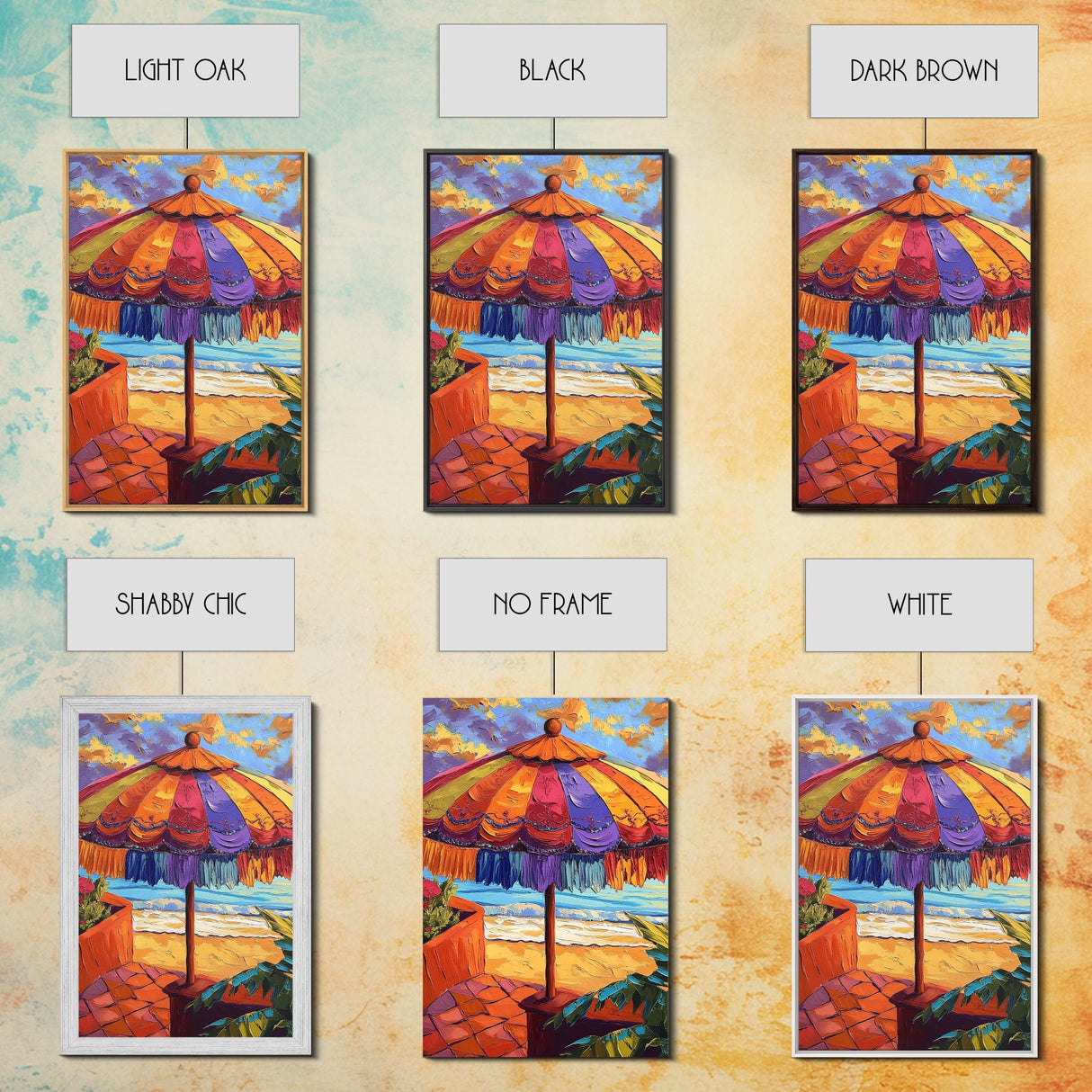 Beach Umbrella, Sunset, Framed Canvas Print, Tropical boho art, patio decor, summer beach vibe, colorful wall art, sunroom accent piece