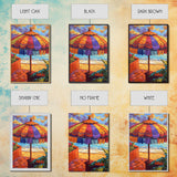 Beach Umbrella, Sunset, Framed Canvas Print, Tropical boho art, patio decor, summer beach vibe, colorful wall art, sunroom accent piece