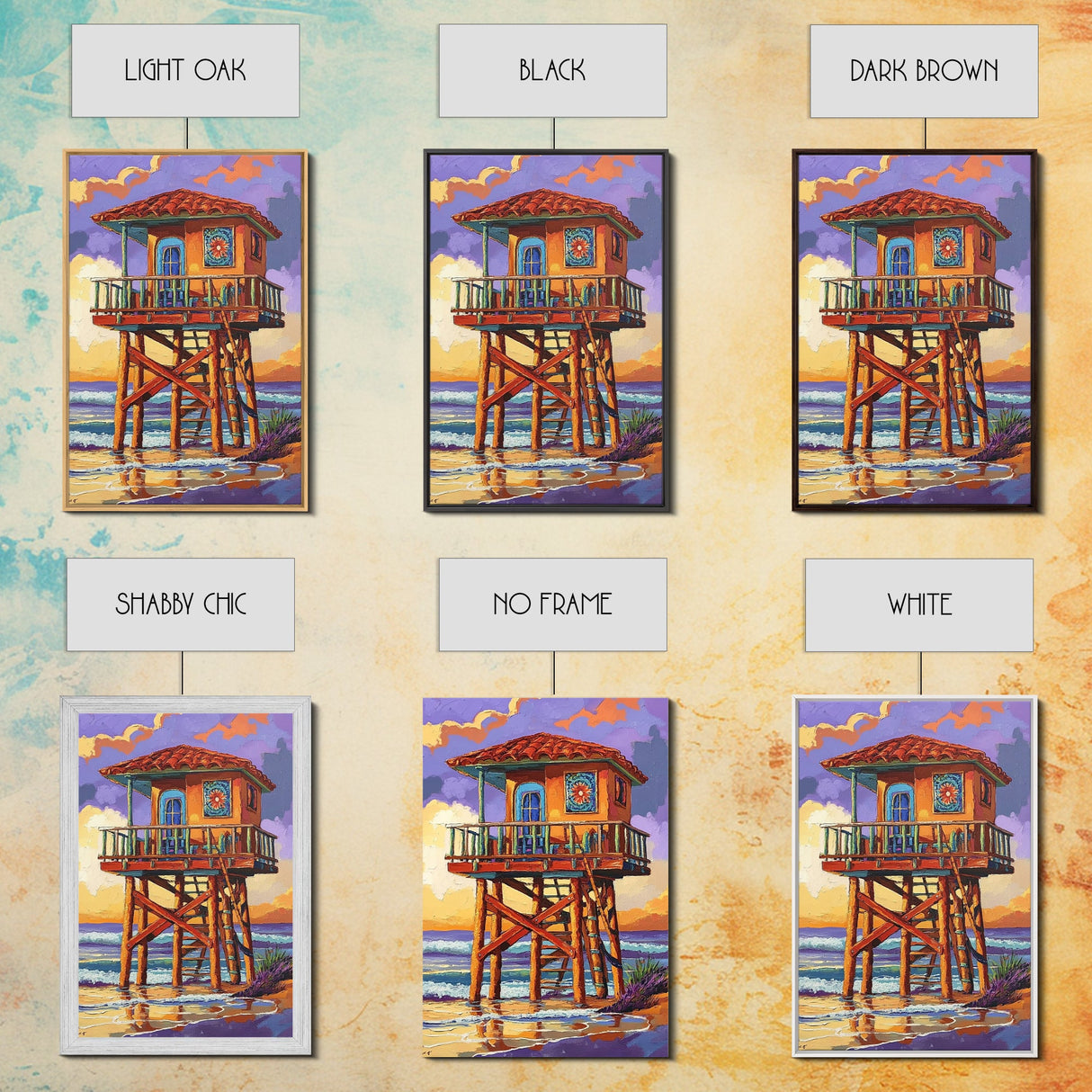 Lifeguard Ocean, Surf, Sunset, Framed Canvas Print, Vibrant Lifeguard Tower Canvas, Surf Shack Painting, Beach Wall Art, Living Room Accent