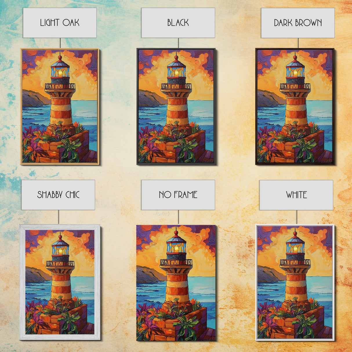 Lighthouse Ocean, Sunset, Boho, Framed Canvas Print, Lighthouse Wall Art, Coastal Decor, Nautical Sunset Canvas, Living Room Boho Artwork