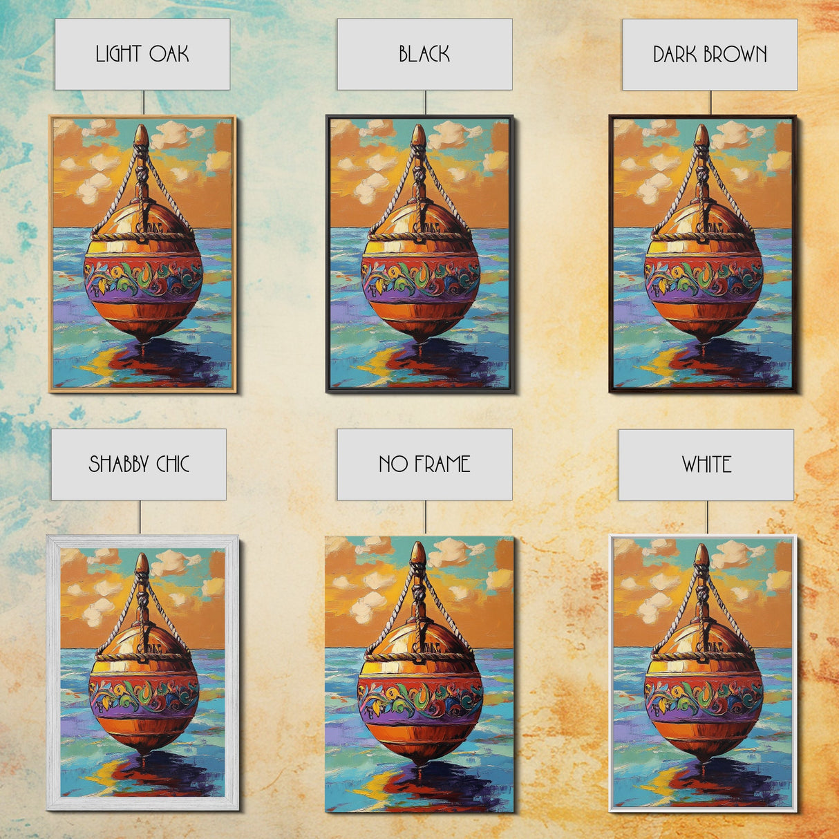 Buoy Sea, Sunset, Nautical Ocean Wall Art, Beach House Decor, Coastal Colorful Accent, Tropical Framed Canvas Print