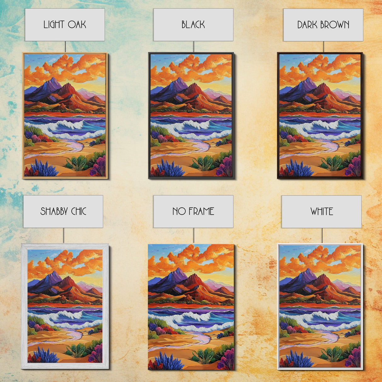 Mountain Coast, Sunset, Bold Desert Landscape Painting, Nature Adventure Art, Office Wall Decor, Framed Canvas Print