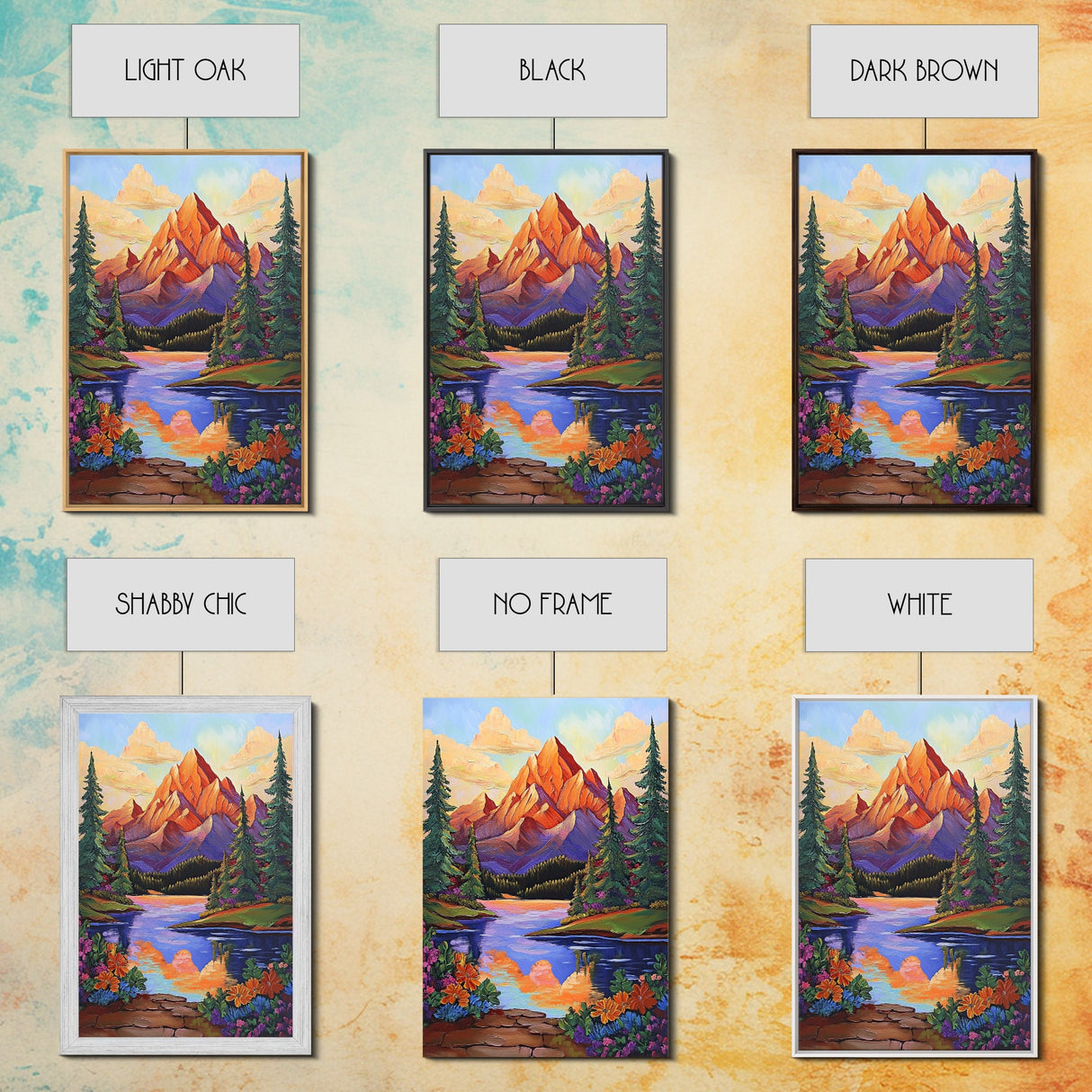 Mountain Sunset, Floral, Lakeview Framed Canvas Print, Bold Nature Landscape, Entryway Autumn Art, Vibrant Boho Wall Decor