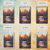 Mountain Sunset, Floral, Lakeview Framed Canvas Print, Bold Nature Landscape, Entryway Autumn Art, Vibrant Boho Wall Decor