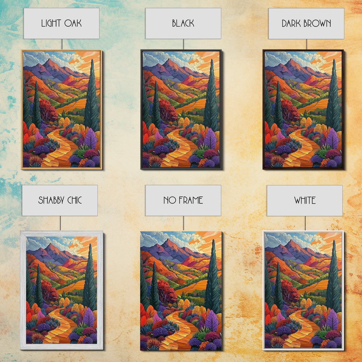 Colorful Mountain, Pathway, Autumn, Framed Canvas Print, Vibrant Fall Landscape Art, Boho Living Room Decor, Nature Wall Painting