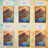 Mountain Village, Sunset, Adventure, Framed Canvas Print, Bright Landscape Wall Art, Colorful Home Decor, Eclectic Living Room Art