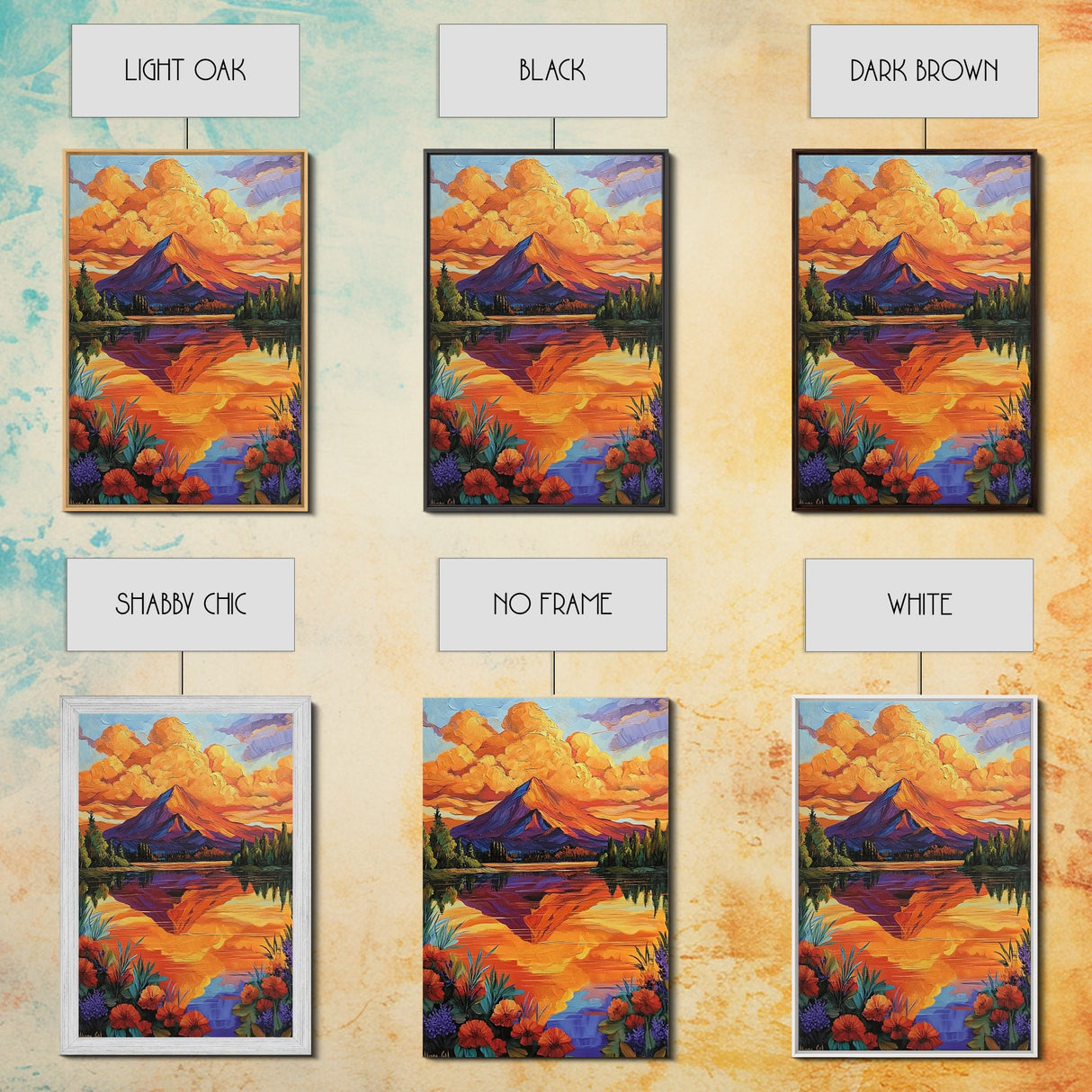 Mountain Reflection, Lake, Sunset, Framed Canvas Print, Vibrant Nature Wall Art, Rustic Cabin Decor, Bold Sunset Landscape Painting