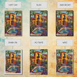 Spanish Fountain, Courtyard, Tropical, Framed Canvas Print, Vibrant Summer Wall Art, Hacienda Living Room Decor, Eclectic Boho Style