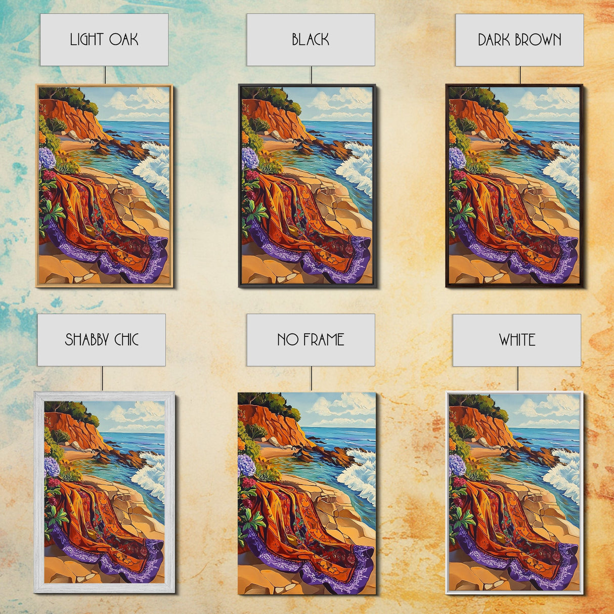 Ocean Blanket, Coast, Framed Canvas Print, Coastal boho art, beach blanket painting, vibrant seashore scene, bedroom wall art, summer vibes
